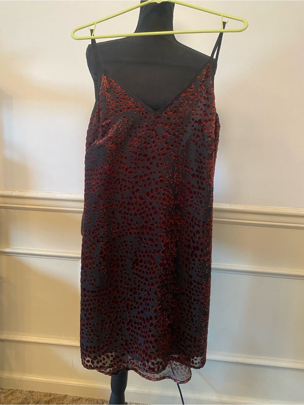 Wayf Black Slip Dress with Red Burnout Velvet Spots Leopard Print Low Back NWT